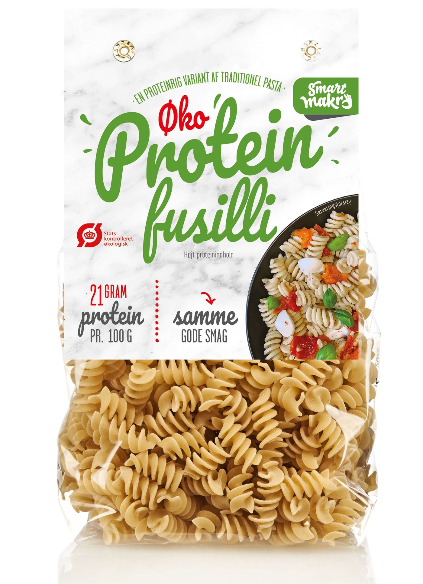 Protein pasta fra Smart Makro. 90 % mere protein. 21 g protein pr. 100 g. Italiensk pasta med høj protein. Sund pasta til vægttab. Mættende og nem hverdagsmad. Pasta uden tilsætningsstoffer. Durumhvede fra Norditalien. Autentisk smag og konsistens. Proteinrig kost. Slankevenlig pasta. Pasta med struktur og bid. Kalorielet og proteinrigt måltid. Ideel til træning, kostplaner og sund livsstil. Pasta med højt proteinindhold.
